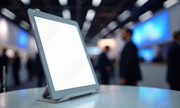 Fototapeta Tablet display at business event with blurred crowd and digital screens