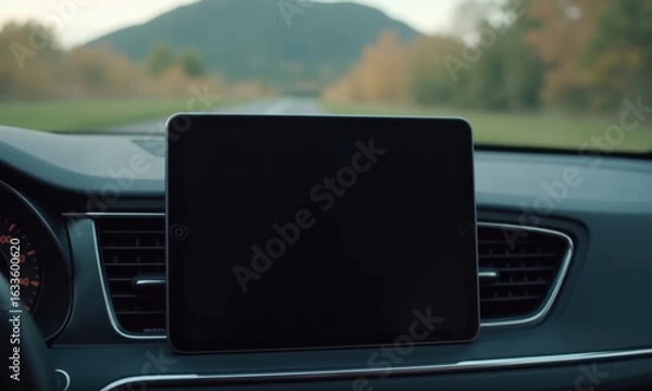 Fototapeta Tablet display mounted on car dashboard with scenic road view
