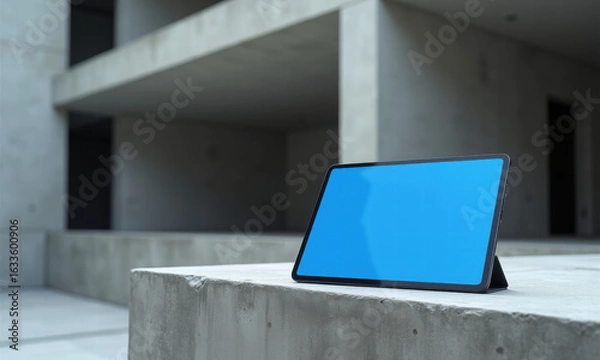 Fototapeta Tablet on Concrete Surface with Blank Screen in Modern Architecture