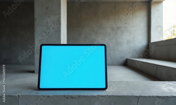 Fototapeta Tablet with Blank Blue Screen in Raw Concrete Setting