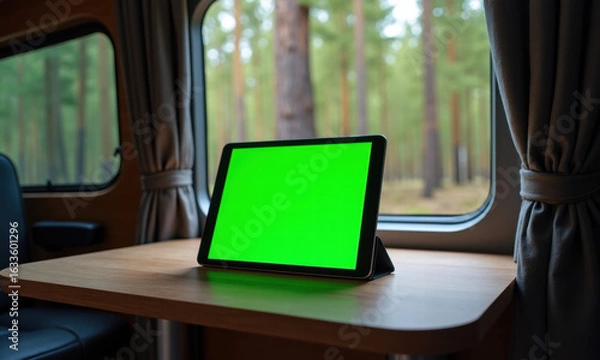 Fototapeta Tablet with Green Screen Inside a Camper Van with Forest View