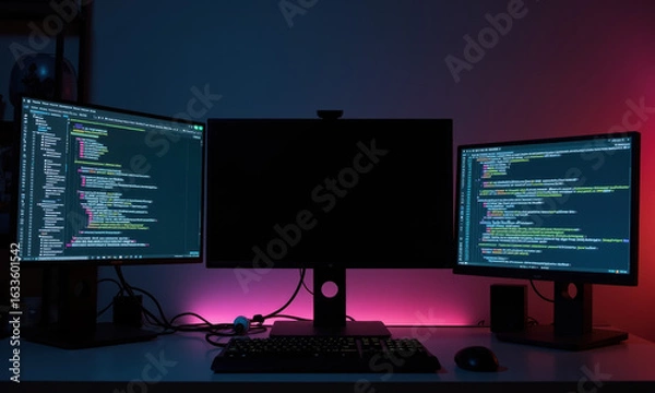Fototapeta Triple Monitor Setup with Glowing Code