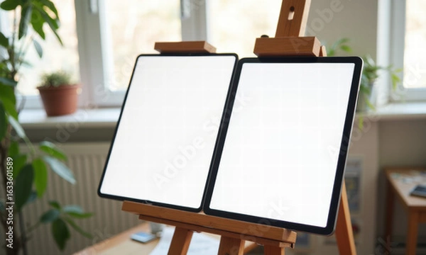 Fototapeta Twin Tablets on Easel Creative Workspace