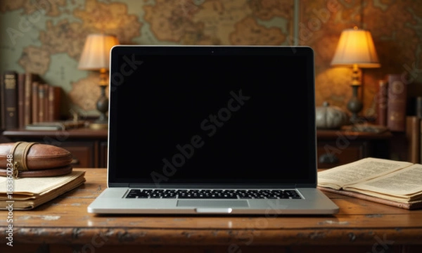 Fototapeta Vintage Desk with Laptop Books and Map - Focus on Connection & Research