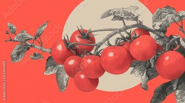 Obraz Vintage Red Tomatoes on the Vine: Botanical Illustration,  Farm Fresh Produce,  Summer Harvest Design