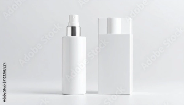 Fototapeta Minimalist White Cosmetic Duo: Sleek Spray and Square Bottles Mockup.