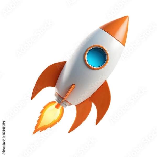 Fototapeta Cartoon rocket ship blasting off with fiery exhaust isolated on transparent background isolated on white background