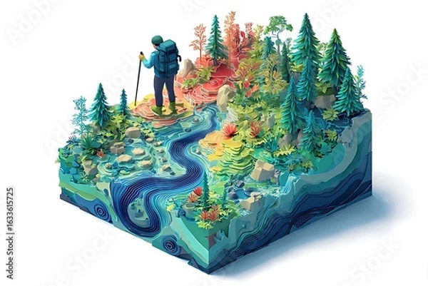 Fototapeta 3D isometric icon illustration of a hiker with a backpack and walking stick standing on the top of a mountain in a forest,