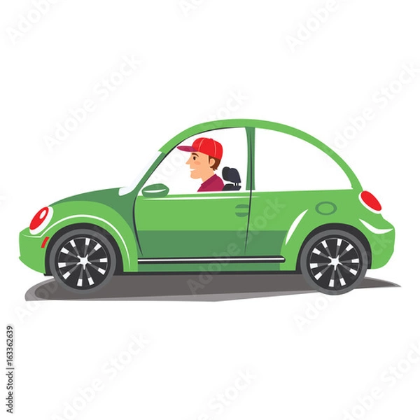 Fototapeta Young man driving green car. Vector illustration of a cheerful man driving on isolated background
