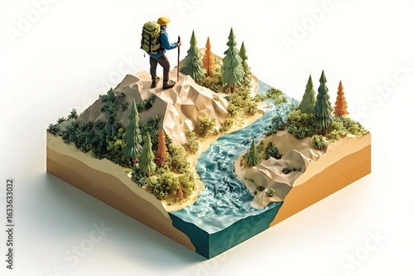 Fototapeta 3D isometric icon illustration of a hiker with a backpack and walking stick standing on the top of a mountain in a forest,