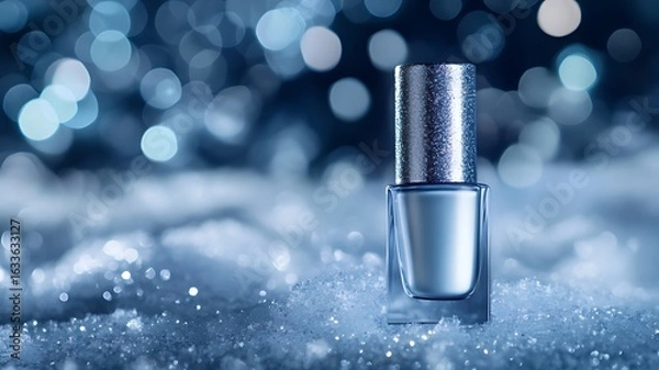 Fototapeta A bottle of silver nail polish on an icy surface, with a dark blue background and glittering diamonds in the background.