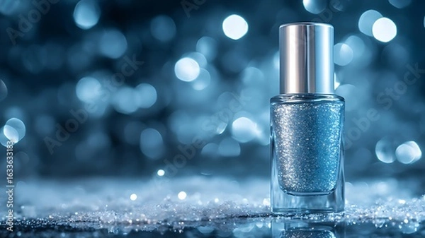 Fototapeta A bottle of silver nail polish on an icy surface, with a dark blue background and glittering diamonds in the background.