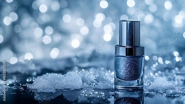 Fototapeta A bottle of silver nail polish on an icy surface, with a dark blue background and glittering diamonds in the background.