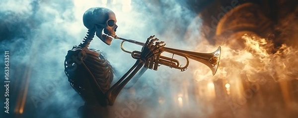 Fototapeta A skeleton playing the trumpet in an ethereal space with clouds of smoke and lights, creating an atmosphere reminiscent of magical realism. 