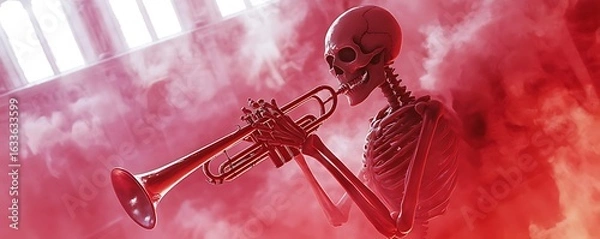 Fototapeta A skeleton playing the trumpet in an ethereal space with clouds of smoke and lights, creating an atmosphere reminiscent of magical realism. 