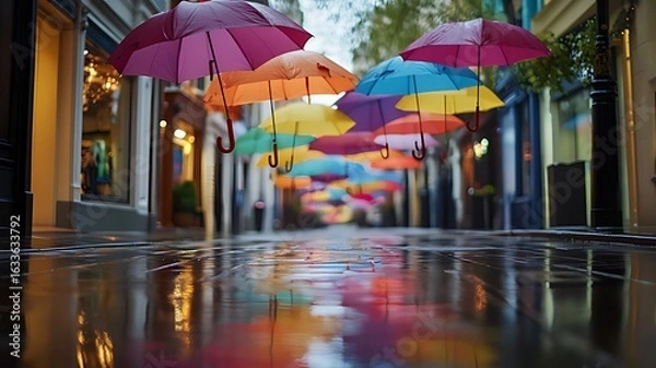 Fototapeta Colorful umbrellas float above the street in London, England. Beautiful cityscape with reflections on the wet pavement after the rain. 