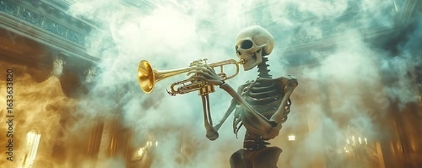 Fototapeta A skeleton playing the trumpet in an ethereal space with clouds of smoke and lights, creating an atmosphere reminiscent of magical realism. 