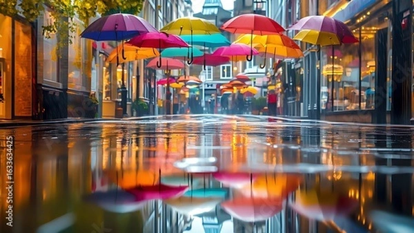 Fototapeta Colorful umbrellas float above the street in London, England. Beautiful cityscape with reflections on the wet pavement after the rain. 