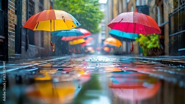 Fototapeta Colorful umbrellas float above the street in London, England. Beautiful cityscape with reflections on the wet pavement after the rain. 