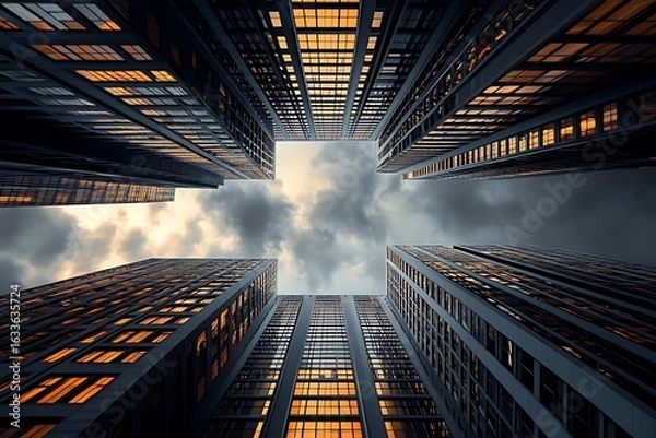 Fototapeta Geometric pattern on a tall building in New York City, with a cloudy sky, in the art deco style, digital painting.