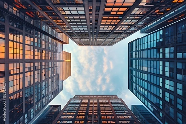 Fototapeta Geometric pattern on a tall building in New York City, with a cloudy sky, in the art deco style, digital painting.