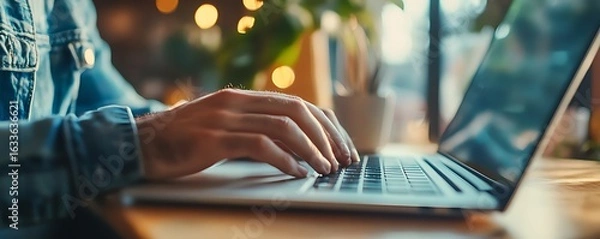 Fototapeta Man typing on a laptop computer at a coffee shop, close-up of hands and keyboard, blurred background.