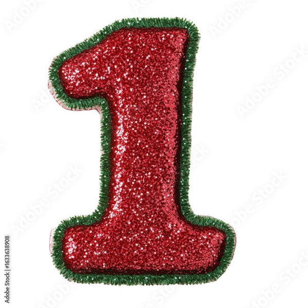 Fototapeta glitter red green christmas color style metallic 1 alphabet letter balloon Realistic 3D on white background.