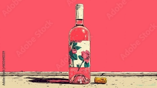 Obraz Rose Wine Bottle with Floral Label: Elegant Illustration for Drink Menu, Restaurant, Winery, or Blog