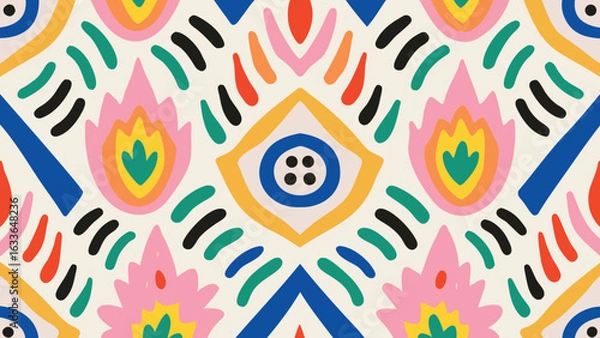 Fototapeta Colorful geometric pattern with floral and eye like shapes in a symmetrical arrangement design style