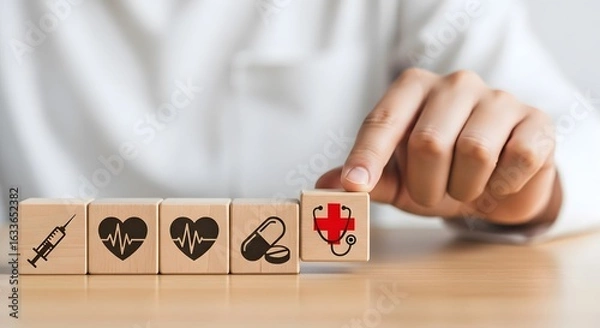 Obraz Wooden Blocks with Healthcare Icons