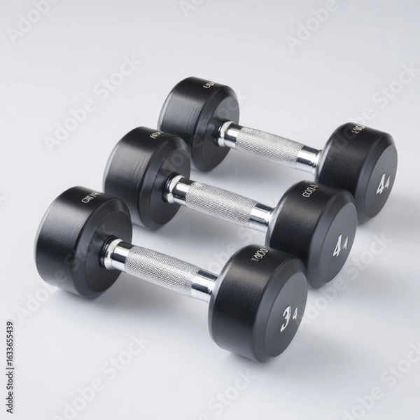 Obraz Three black dumbbells on a light gray background