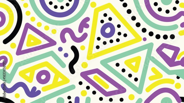 Fototapeta Vibrant geometric pattern with triangles circles and squiggles in yellow purple black and teal colors