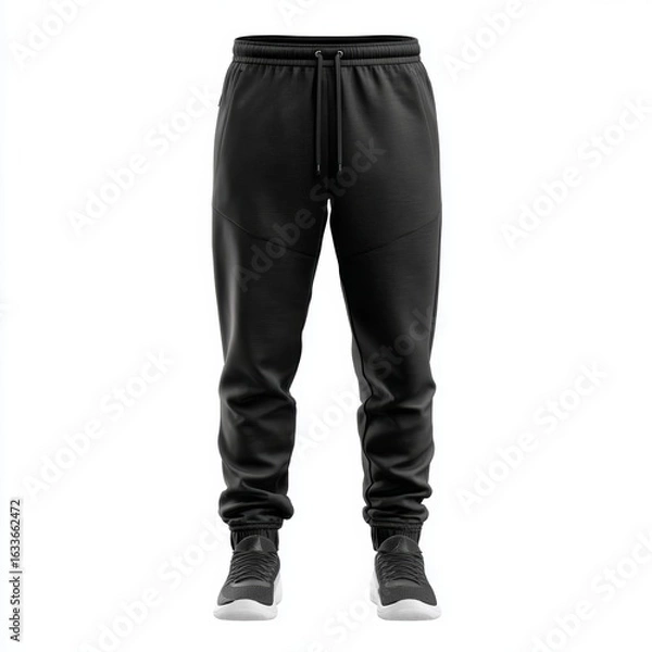Fototapeta Stylish black sweatpants with matching sneakers, displayed against a minimalist backdrop, perfect for showcasing apparel details.