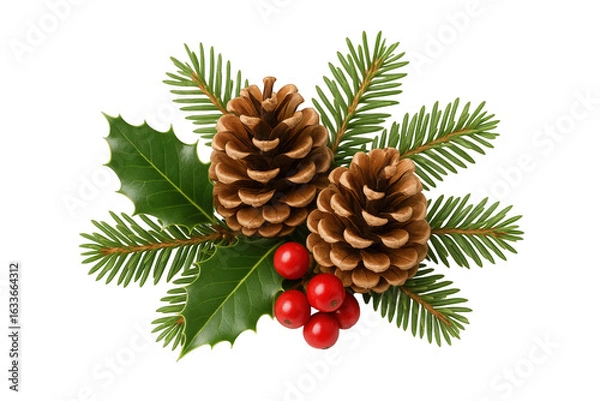 Fototapeta Festive Winter Arrangement Featuring Two Pinecones, Holly Leaves, and Red Berries with Evergreen Sprigs