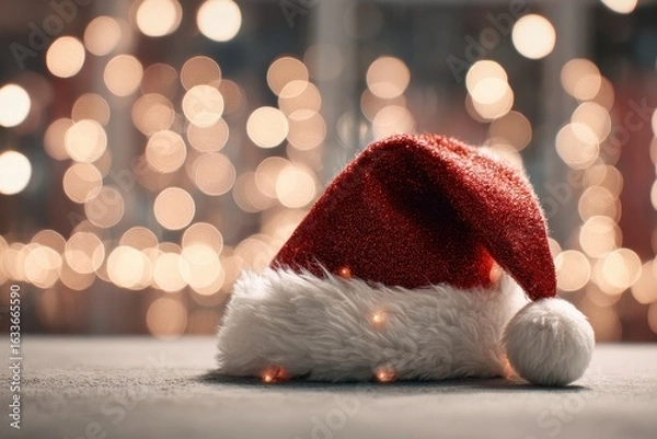 Fototapeta Sparkling Santa Claus hat rests on a surface, illuminated by soft bokeh lights creating a festive atmosphere during the holiday season