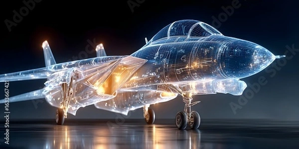 Obraz A digital wireframe hologram of a fighter jet on a dark tarmac, glowing blue with detailed lines, showcasing modern aerospace design