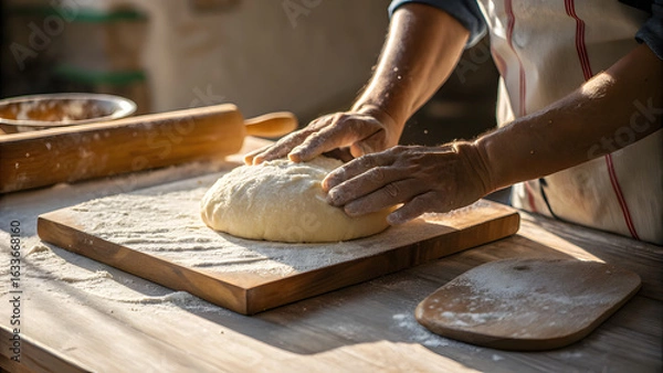 Obraz Hands kneading raw dough on a wooden board baking bread
