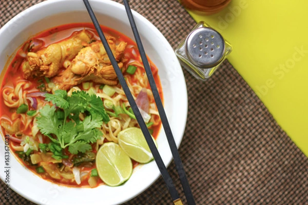 Obraz The image shows a bowl of Khao Soi, a traditional Thai noodle curry with chicken, crispy noodles, fresh cilantro, lime wedges, and pickled greens. The dish is beautifully arranged and vibrant.
