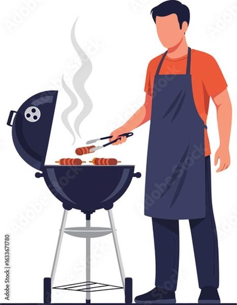 Fototapeta Man grilling sausages on a barbecue with tongs and smoke.