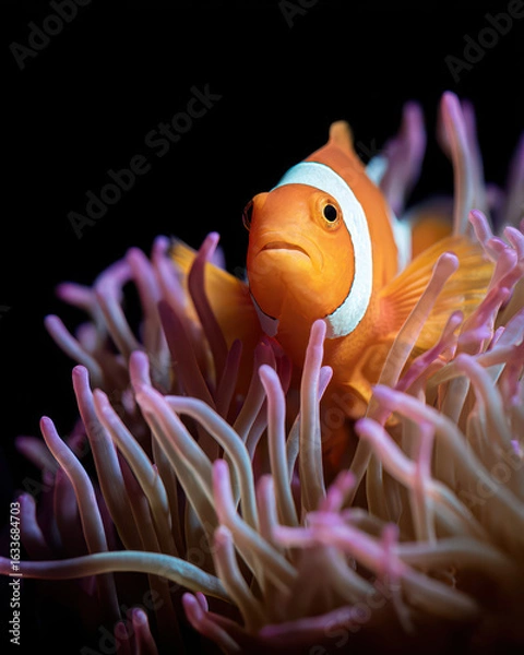 Fototapeta Vibrant Orange Clownfish Peeking Out From an Anemone in a Coral Reef