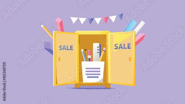 Fototapeta Open yellow cabinet with sale signs and stationery items with banner on a light purple background