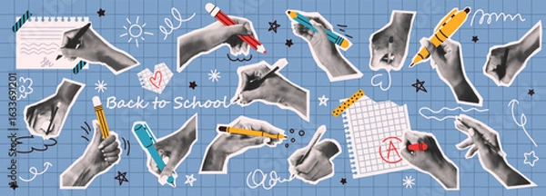 Fototapeta Diverse hands hold colorful pens and pencils in retro collage style. Blue grid background with doodles enhances back to school theme, ideal for education themes.