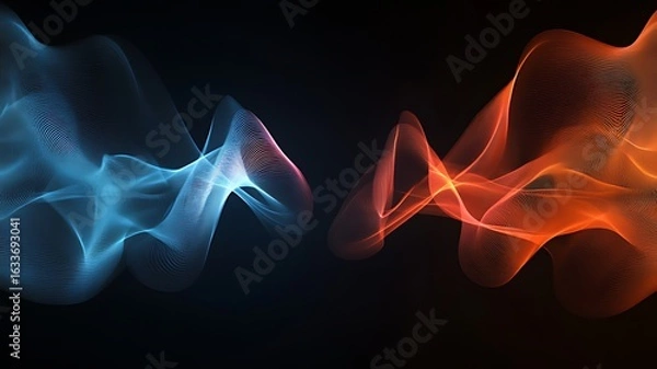 Fototapeta 3D render of colorful sound waves moving in the shape of two overlapping shapes on a black background, with a blue and orange gradient, and light reflection. 