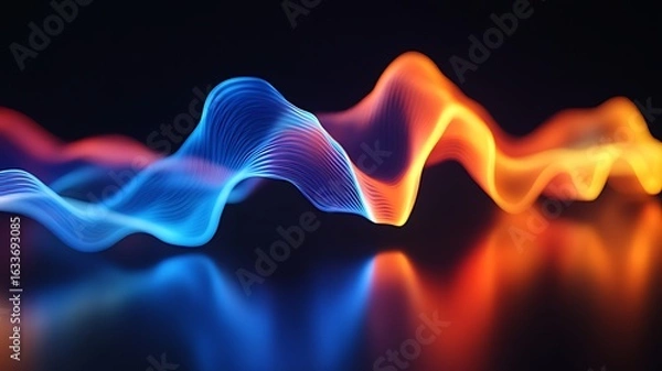 Fototapeta 3D render of colorful sound waves moving in the shape of two overlapping shapes on a black background, with a blue and orange gradient, and light reflection. 