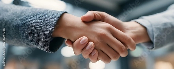 Fototapeta Close-up of business people shaking hands and smiling in the office. 