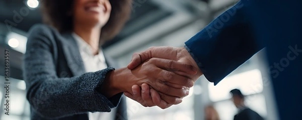 Fototapeta Close-up of business people shaking hands and smiling in the office. 