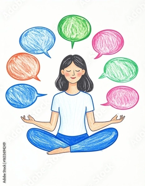Fototapeta A serene woman meditating with colorful speech bubbles, symbolizing mindfulness and inner peace.
