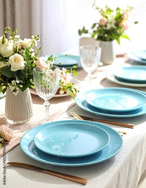 Fototapeta Elegant dining table set with turquoise plates, glassware, and fresh flowers, creating a stylish atmosphere.