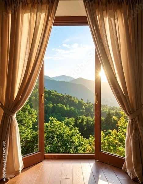 Fototapeta Beautiful view of mountains and trees through a window, with sunlight streaming in, creating a serene atmosphere.