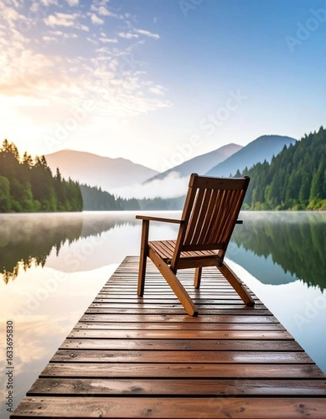 Fototapeta A serene wooden chair on a dock overlooking a tranquil lake and majestic mountains during sunrise.